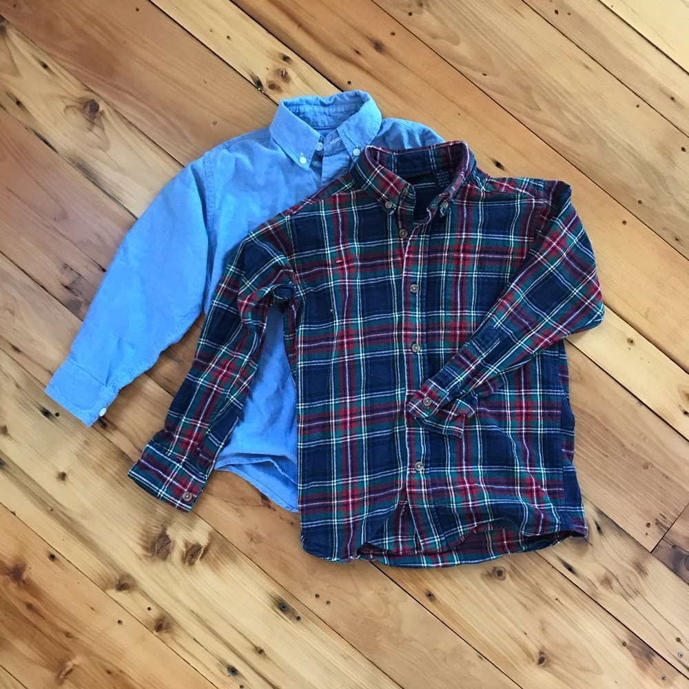 Sz 7 plaid flannel & chambray shirts, bundle of 2